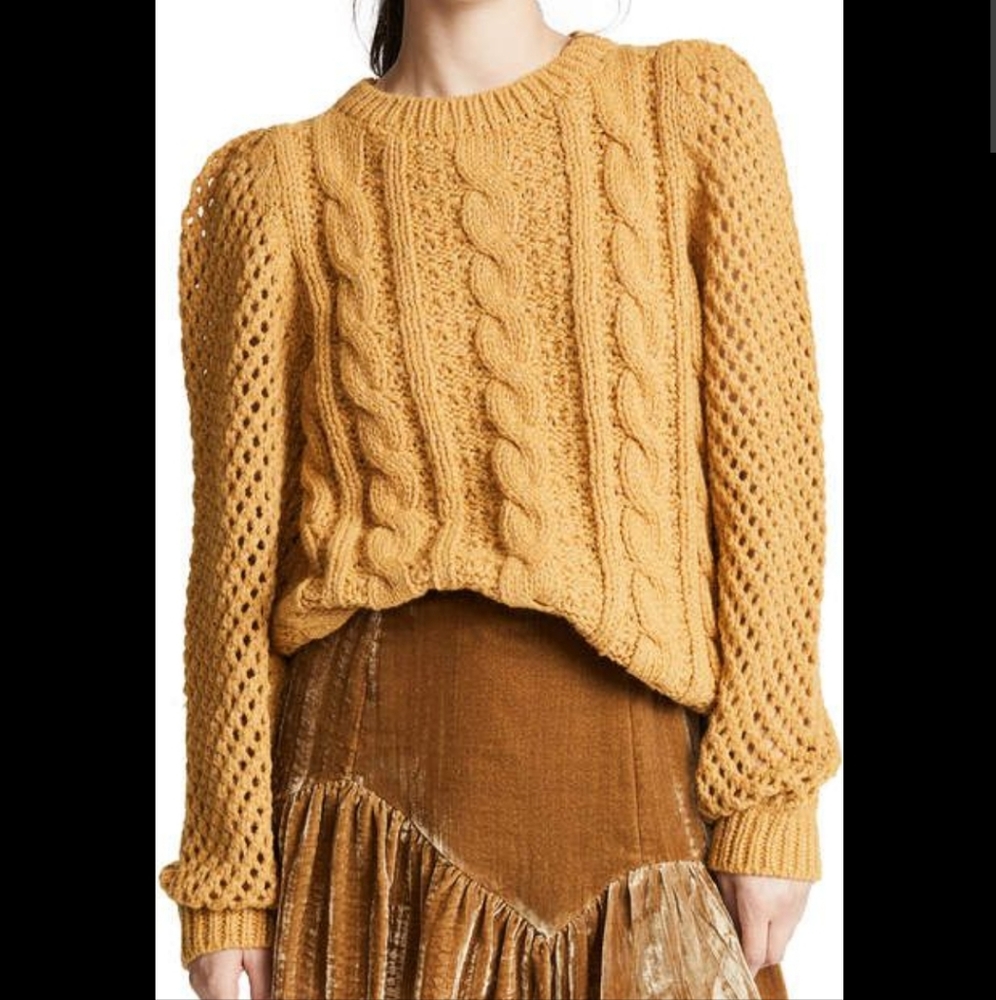 Loveshackfancy Rosie Cable Knit Sweater Amber Puff Sleeves Pullover S